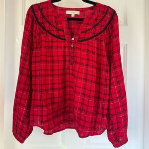LOFT Red Plaid Button Henley with Black Trim